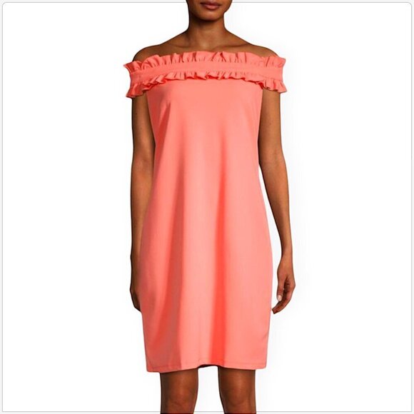 Marina Coral Peach Off Shoulder Ruffled Neckline Cocktail Party Dress NWT NEW 12 - Picture 2 of 5
